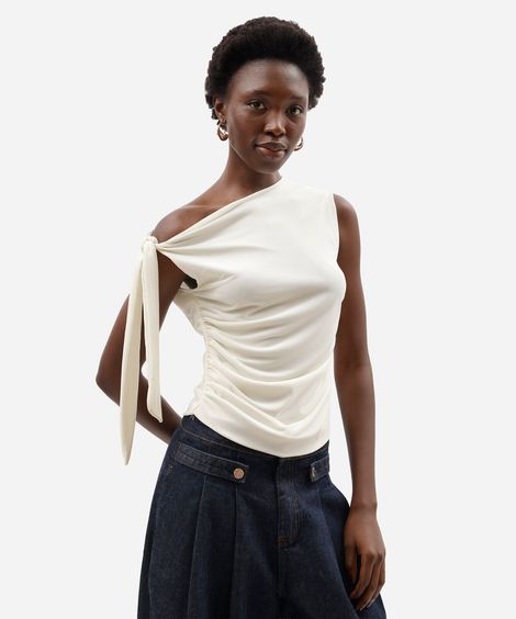 blusa feminina de tule franzida com amarração off white