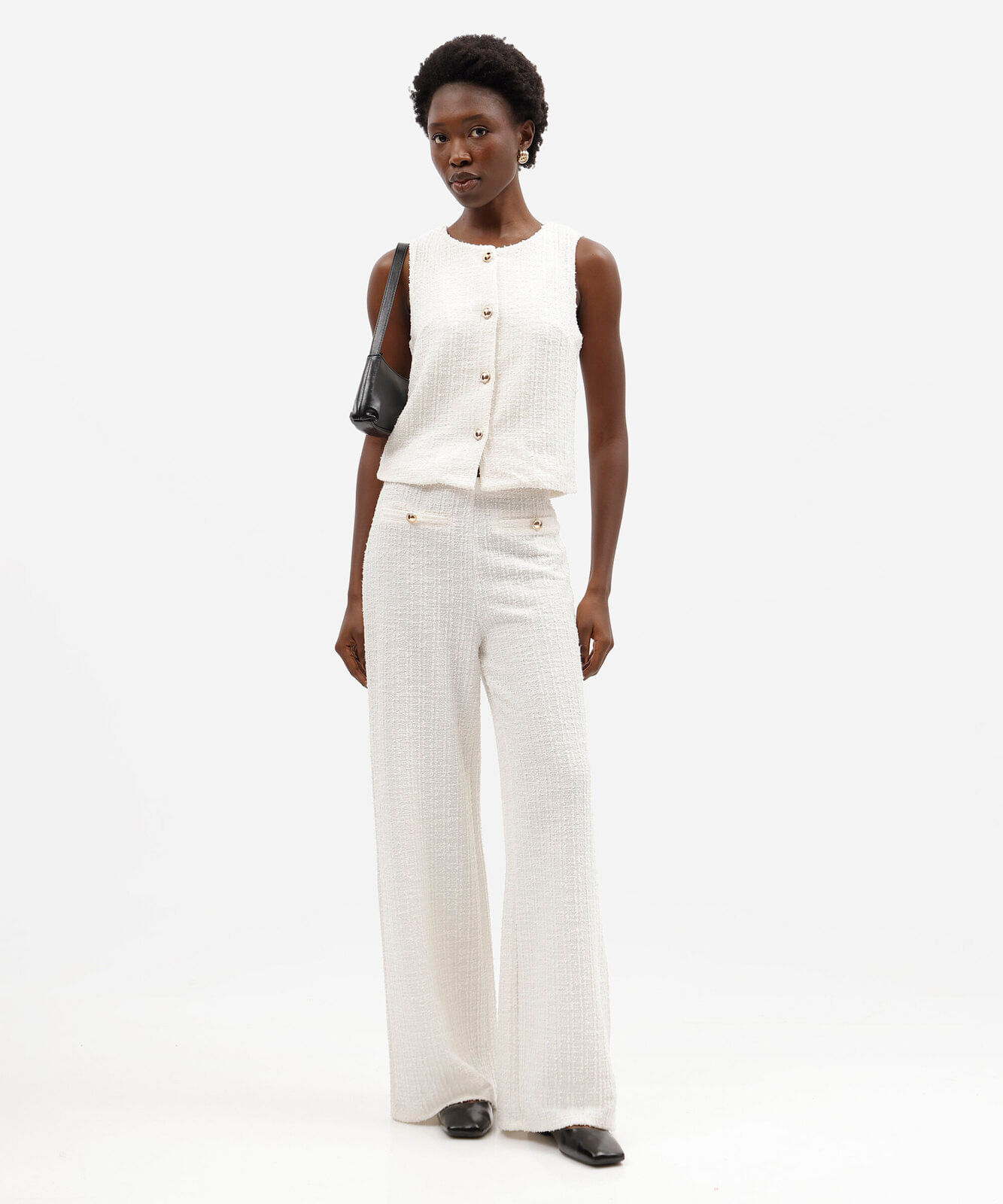 calça reta feminina de alfaiataria em tweed off white