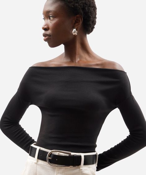 blusa feminina de algodão decote canoa manga longa canelada preta