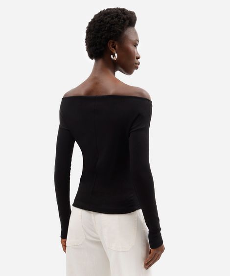 blusa feminina de algodão decote canoa manga longa canelada preta