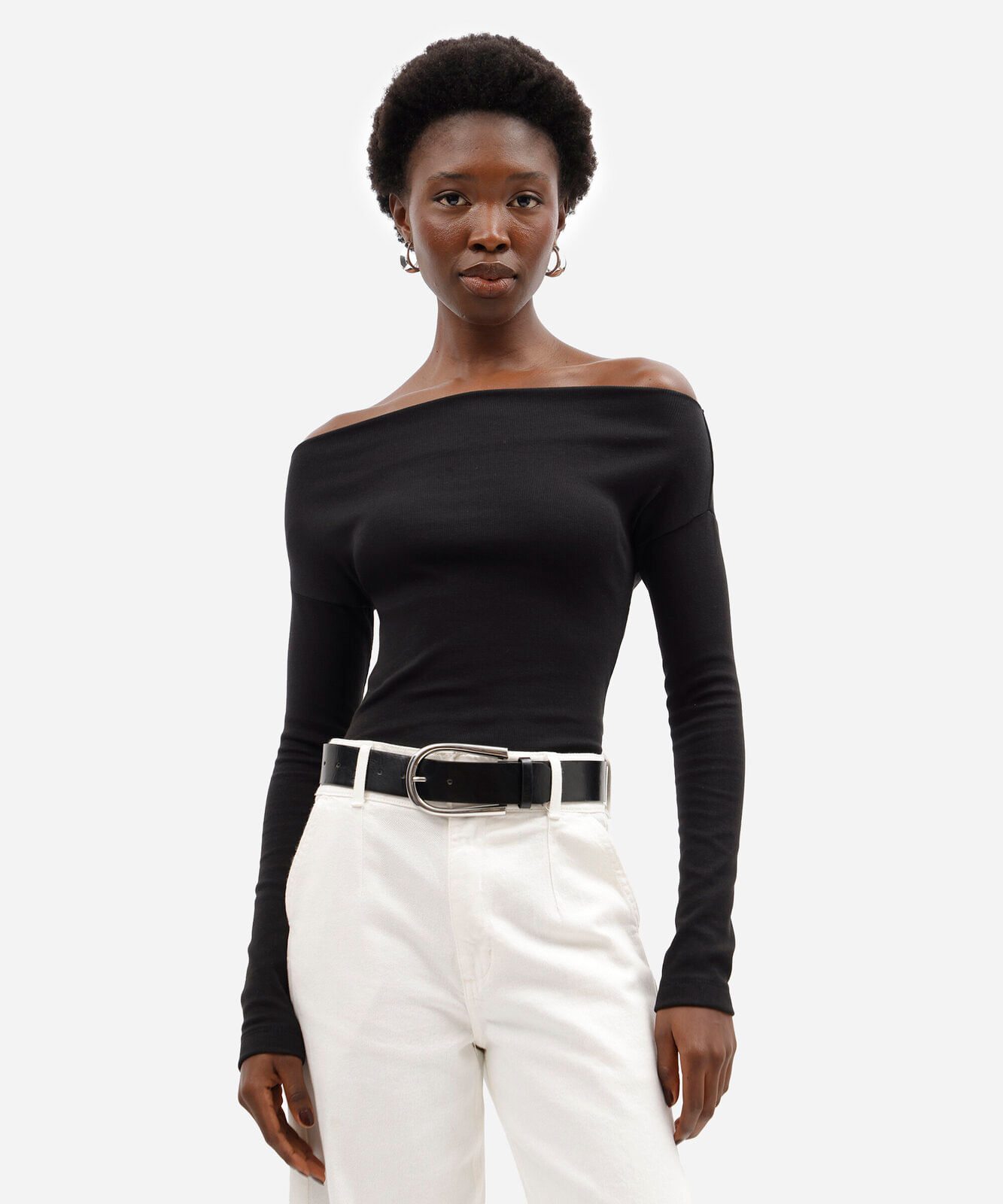 blusa feminina de algodão decote canoa manga longa canelada preta