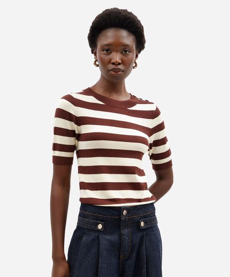 blusa feminina de tricot manga curta com botões listrada marrom