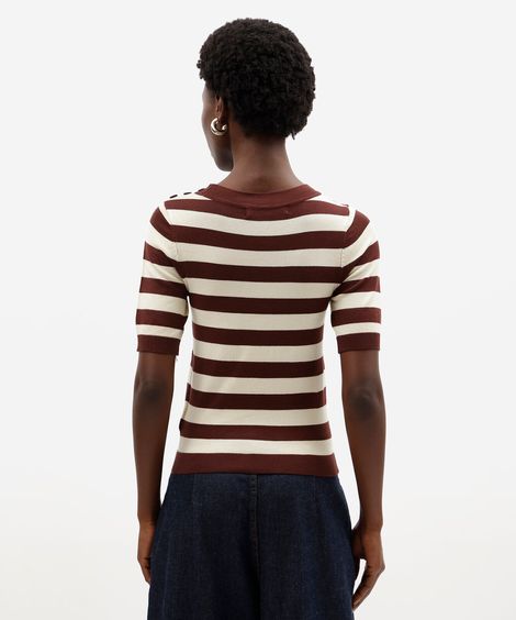 blusa feminina de tricot manga curta com botões listrada marrom