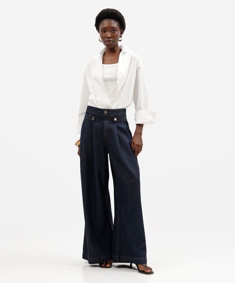 calça pantalona feminina jeans com pregas cintura alta azul
