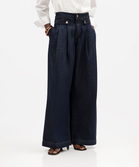 calça pantalona feminina jeans com pregas cintura alta azul