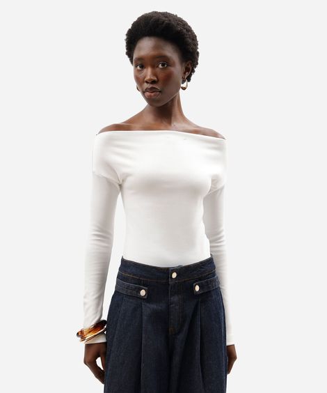 blusa feminina de algodão decote canoa manga longa off white