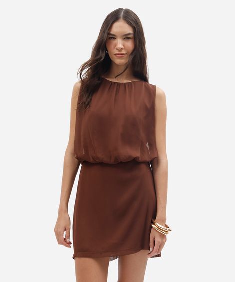 vestido curto feminino blusê decote redondo marrom