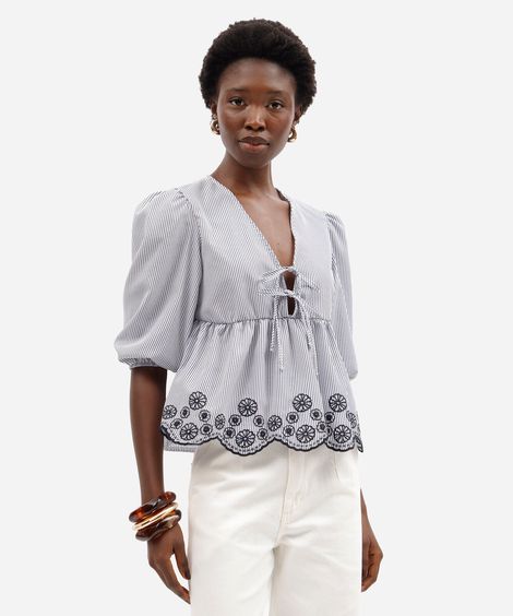 blusa feminina manga bufante bordada com amarração listrada off white