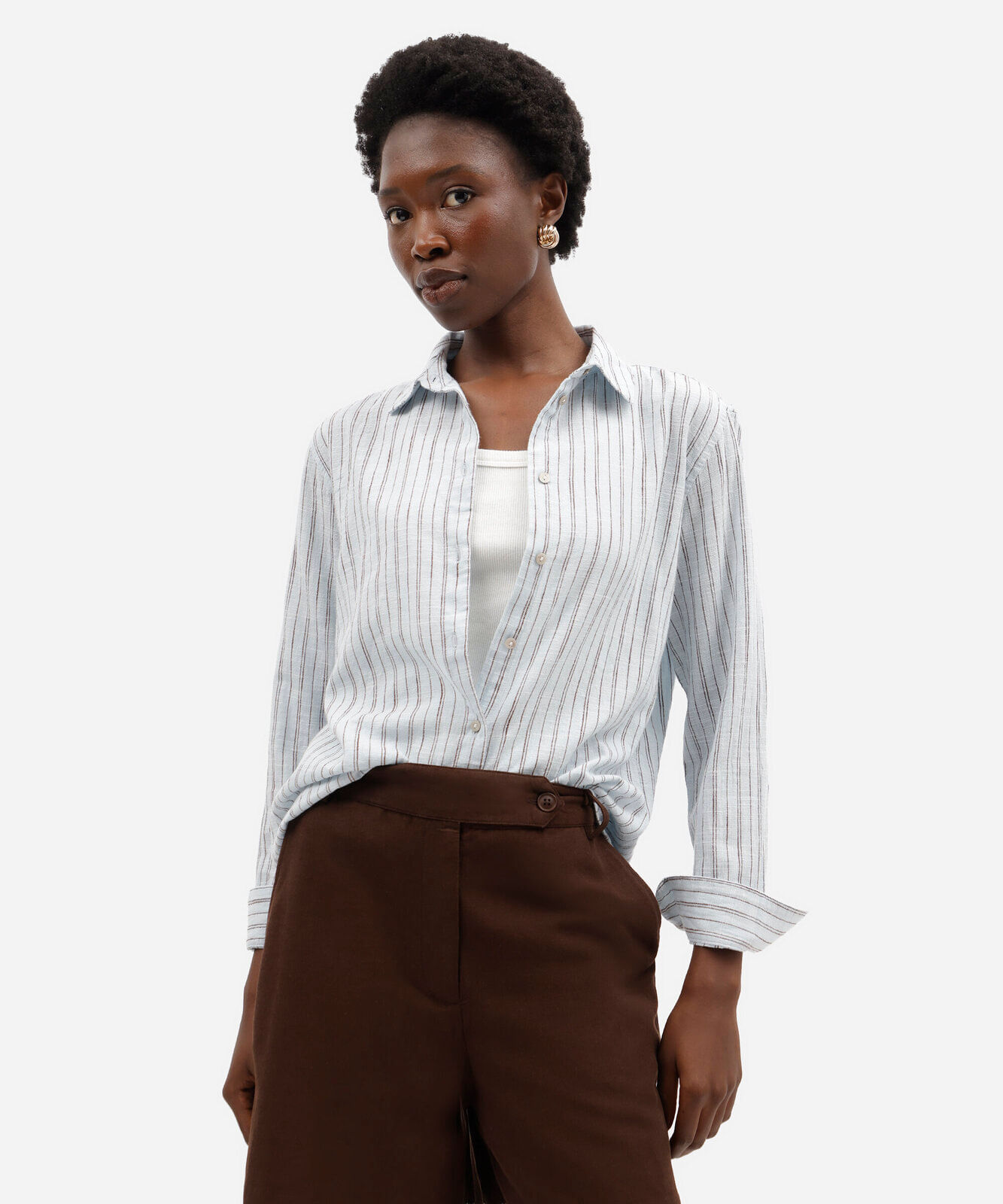 camisa feminina de algodão manga longa listrada azul