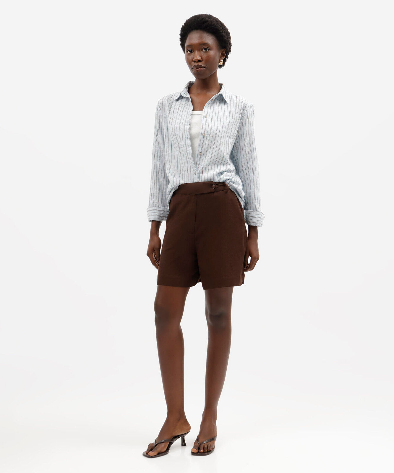 camisa feminina de algodão manga longa listrada azul