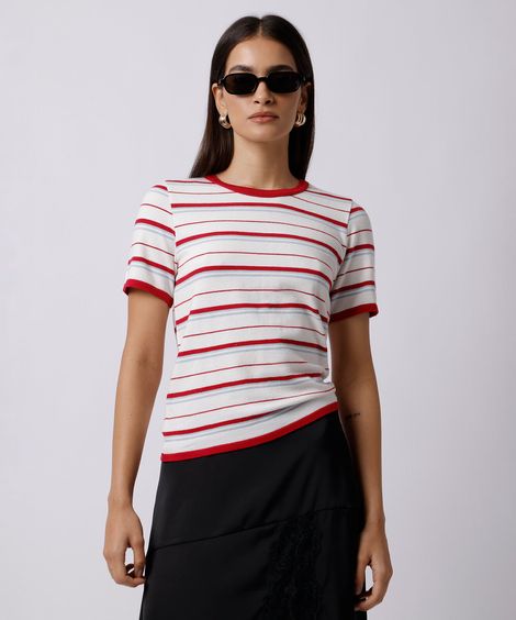 camiseta feminina de tricot manga curta listrada mindset off white