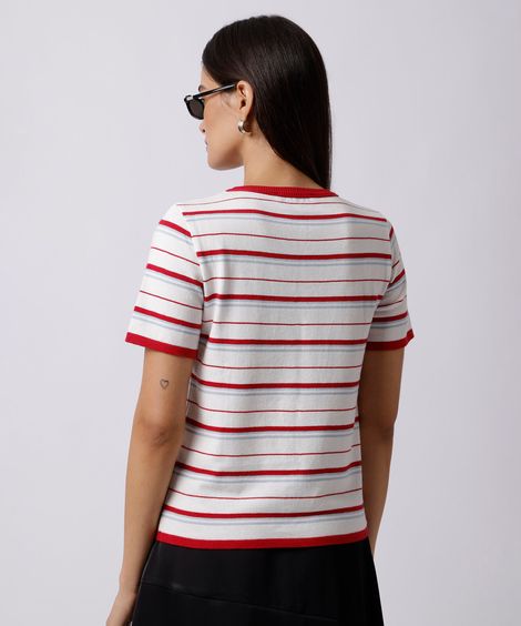 camiseta feminina de tricot manga curta listrada mindset off white