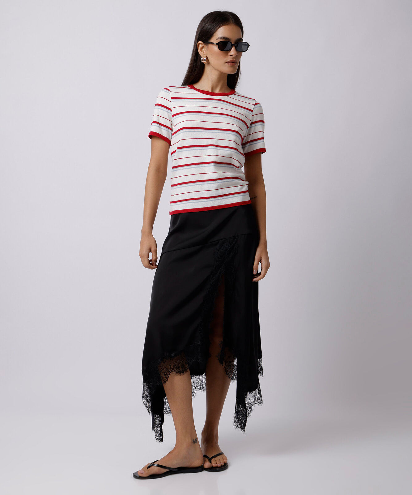 camiseta feminina de tricot manga curta listrada mindset off white