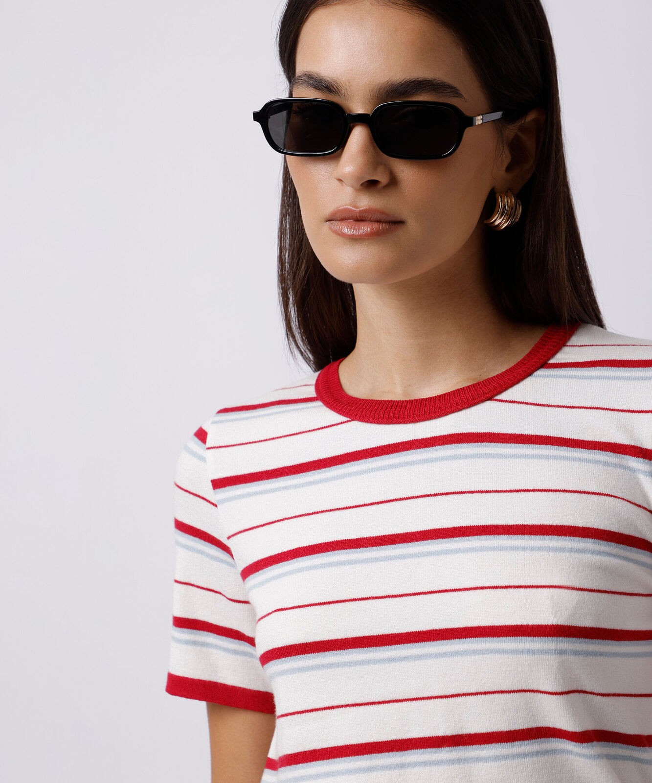 camiseta feminina de tricot manga curta listrada mindset off white