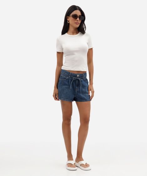 short feminino jeans cintura média com cordão azul