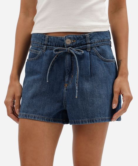 short feminino jeans cintura média com cordão azul