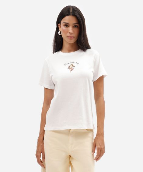 camiseta feminina de algodão manga curta estampada básica off white