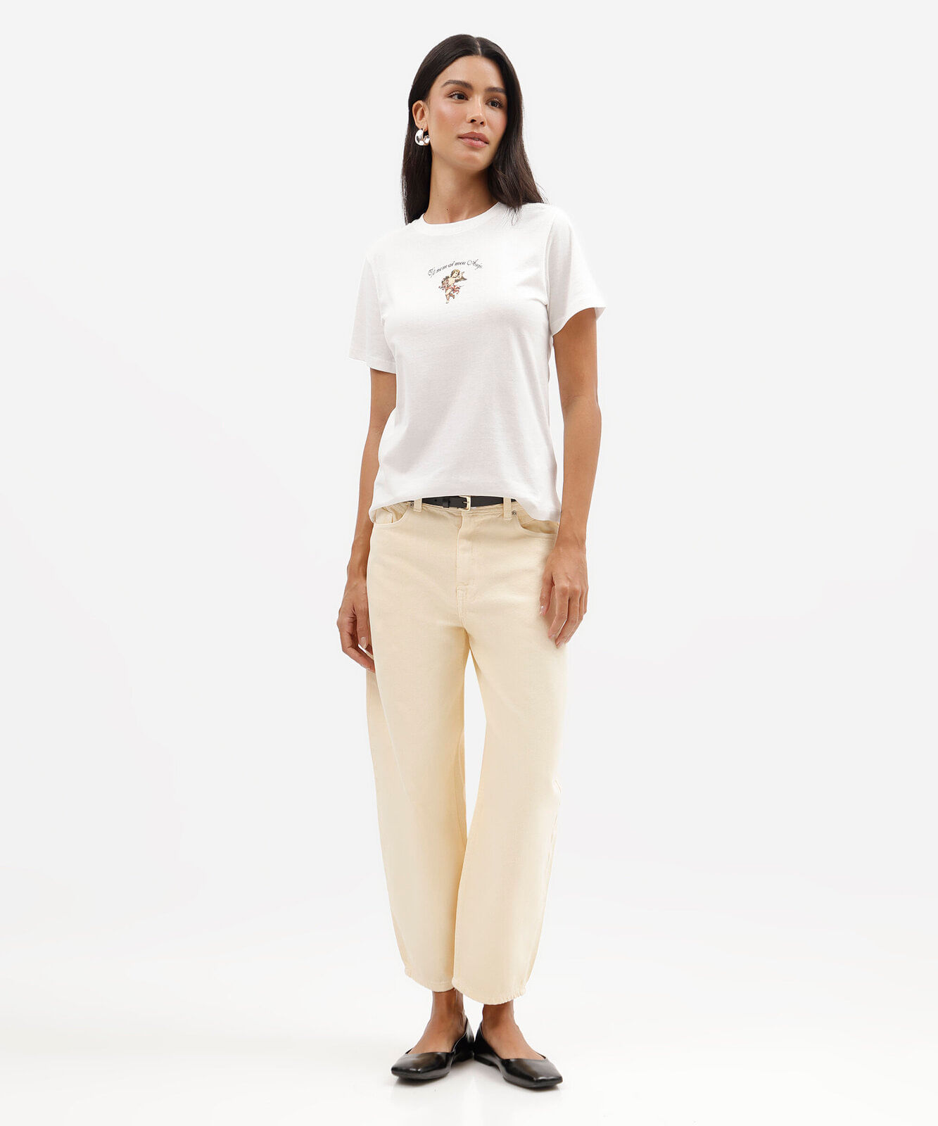 camiseta feminina de algodão manga curta estampada básica off white