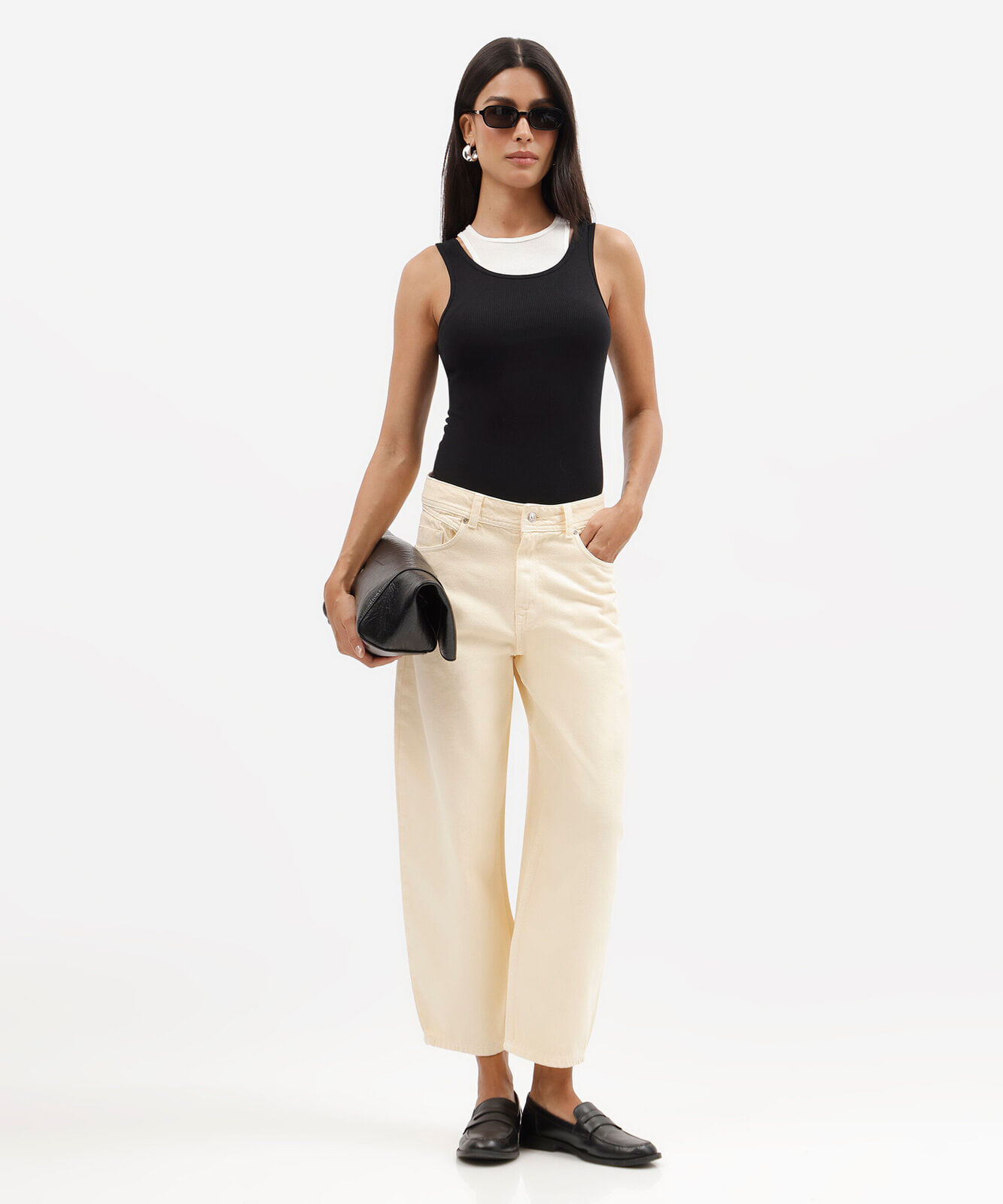 calça baggy feminina de sarja cintura média amarela