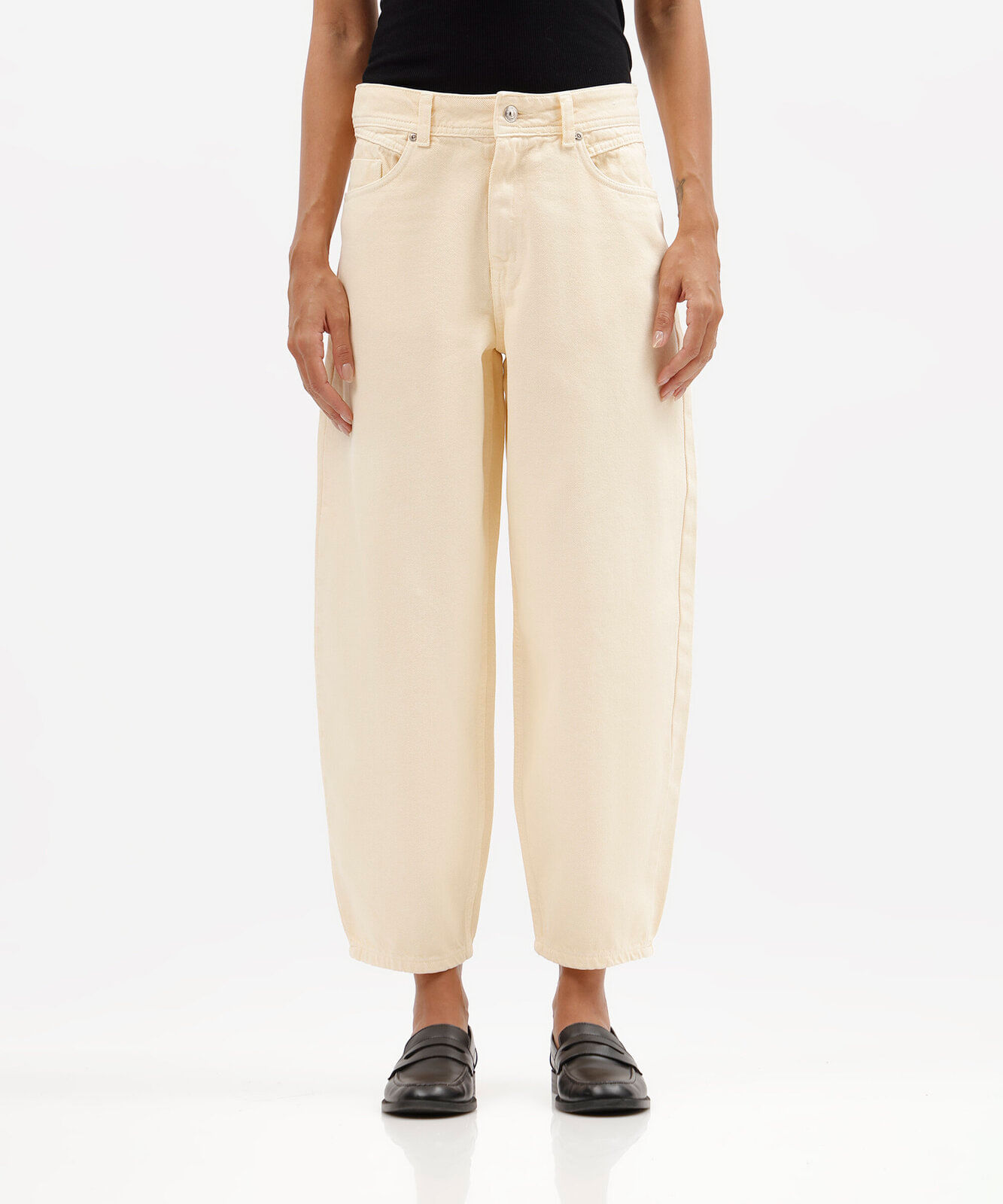 calça baggy feminina de sarja cintura média amarela