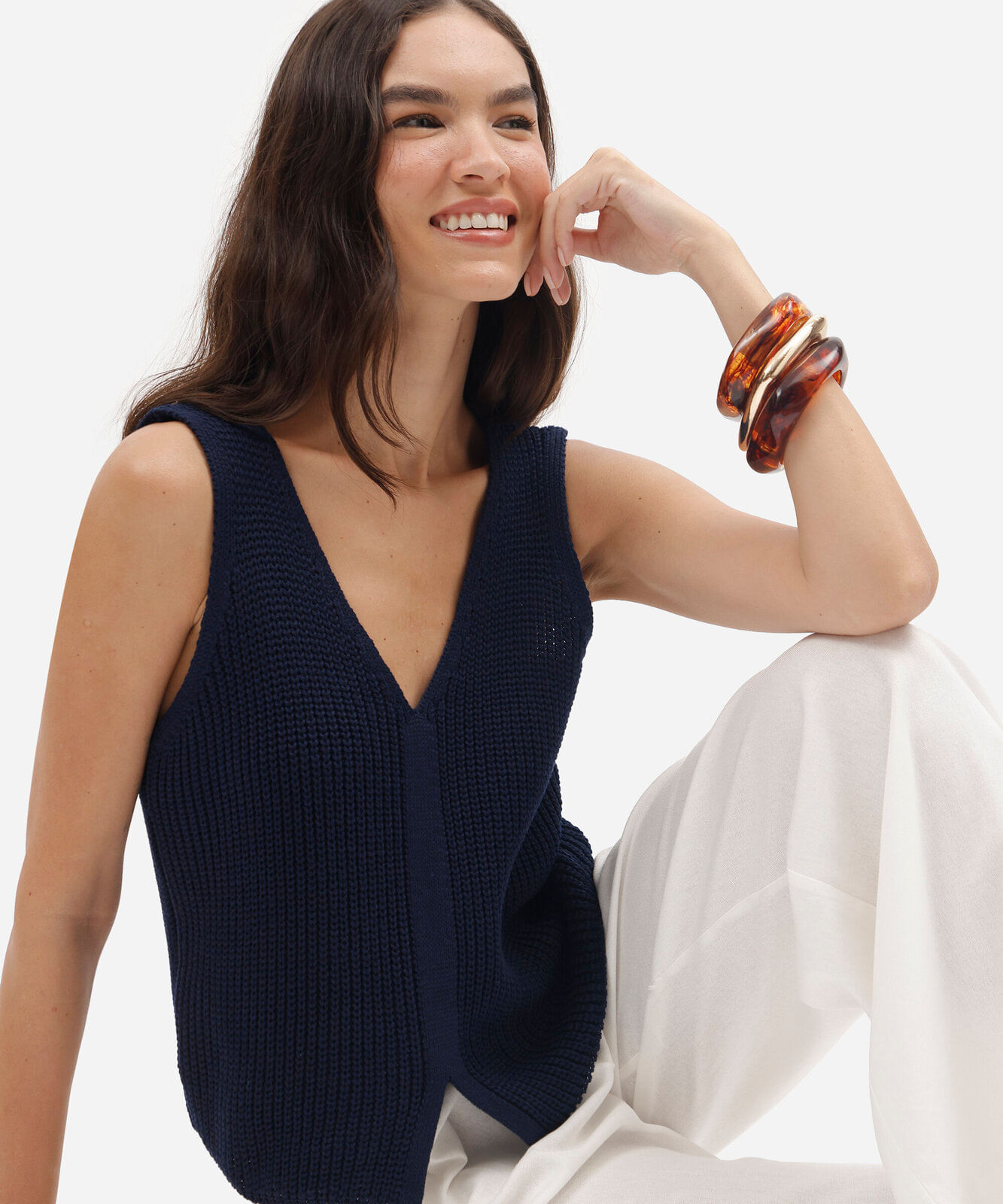 colete feminino de tricot decote v azul