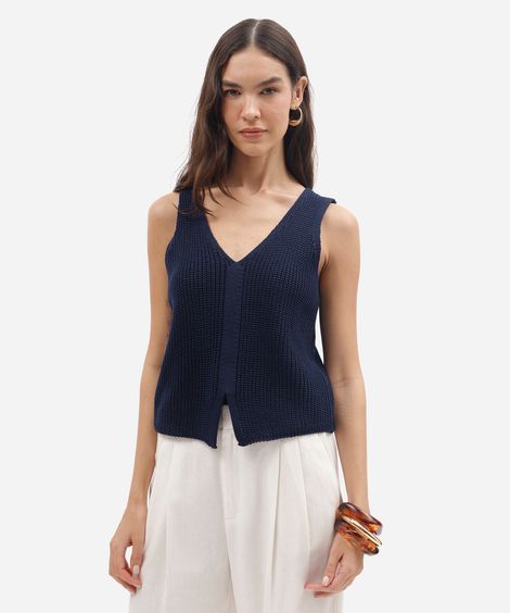 colete feminino de tricot decote v azul