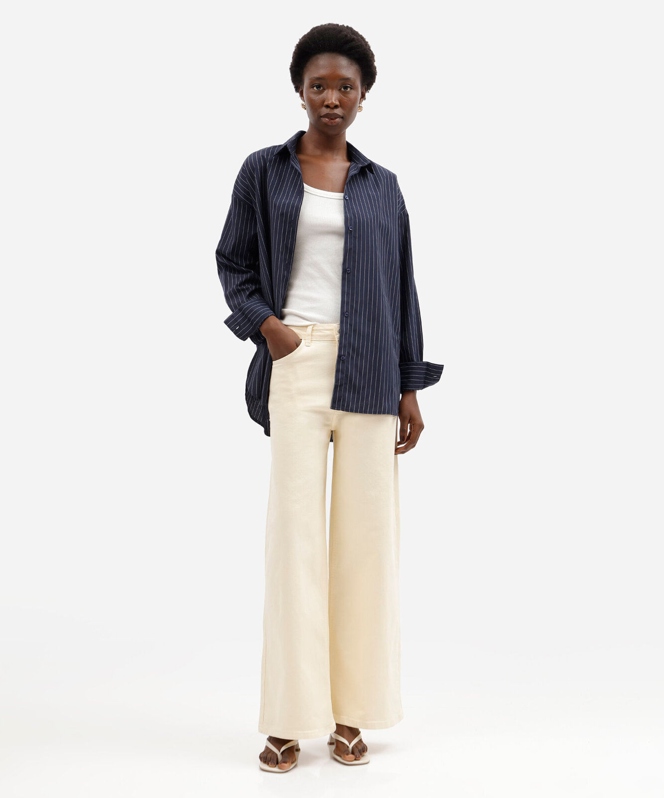 calça wide leg petit feminina de sarja cintura alta amarela