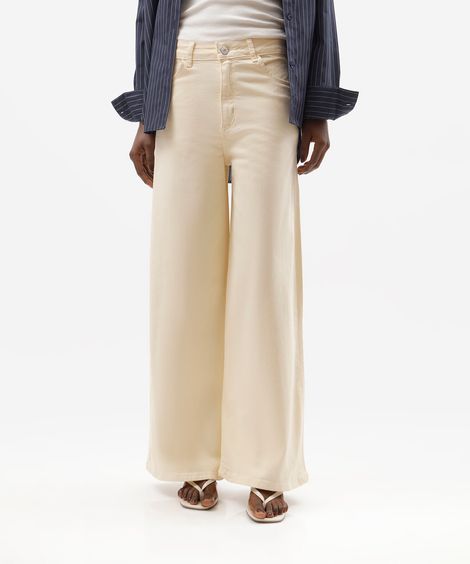 calça wide leg petit feminina de sarja cintura alta amarela