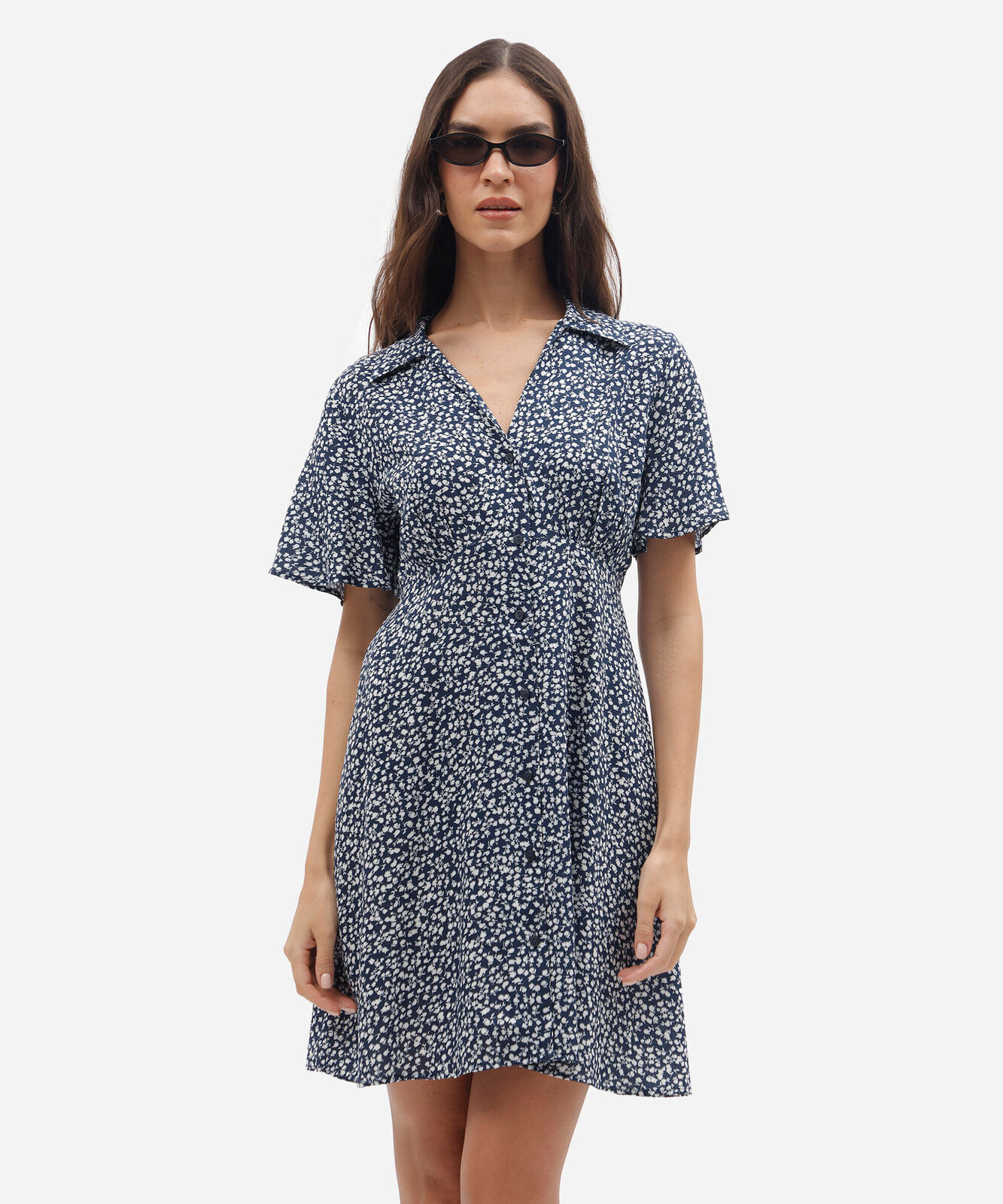 vestido curto feminino de viscose floral azul