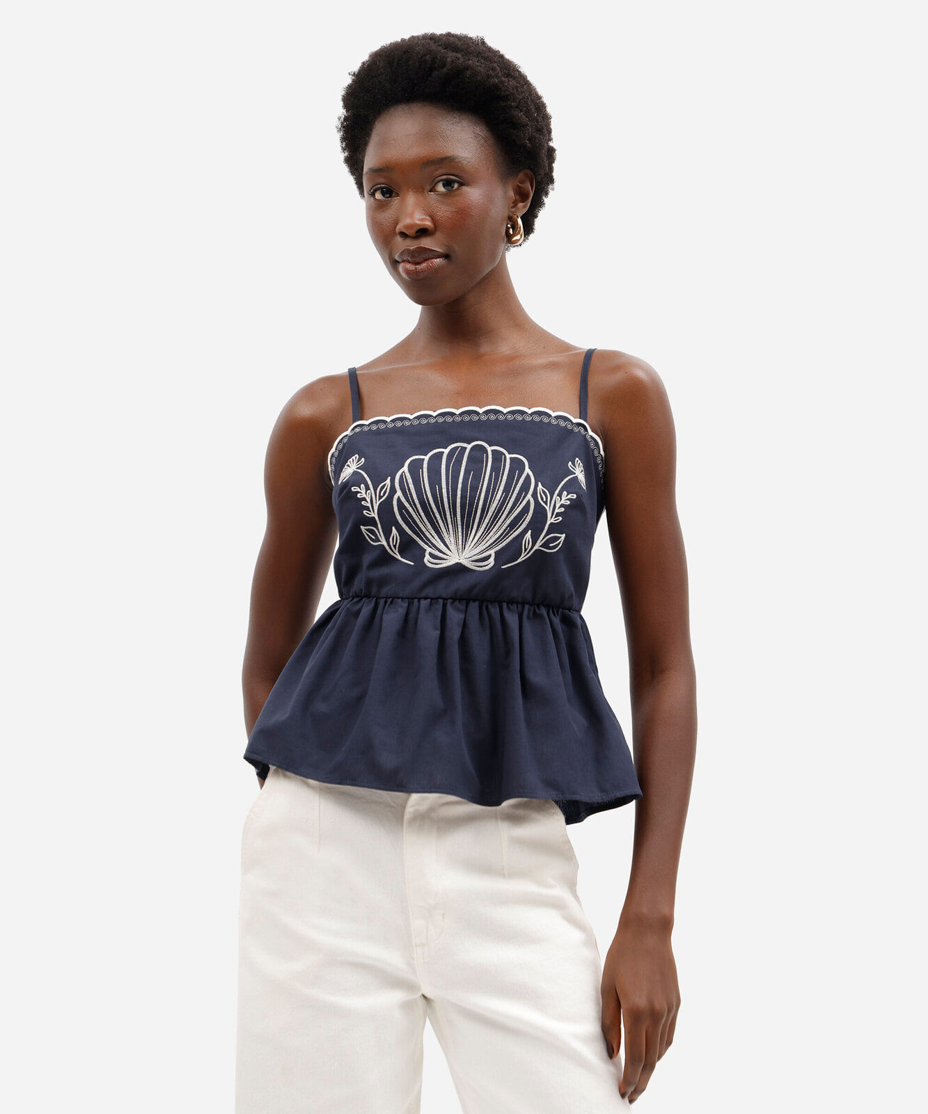 blusa peplum feminina de algodão alça fina bordada azul
