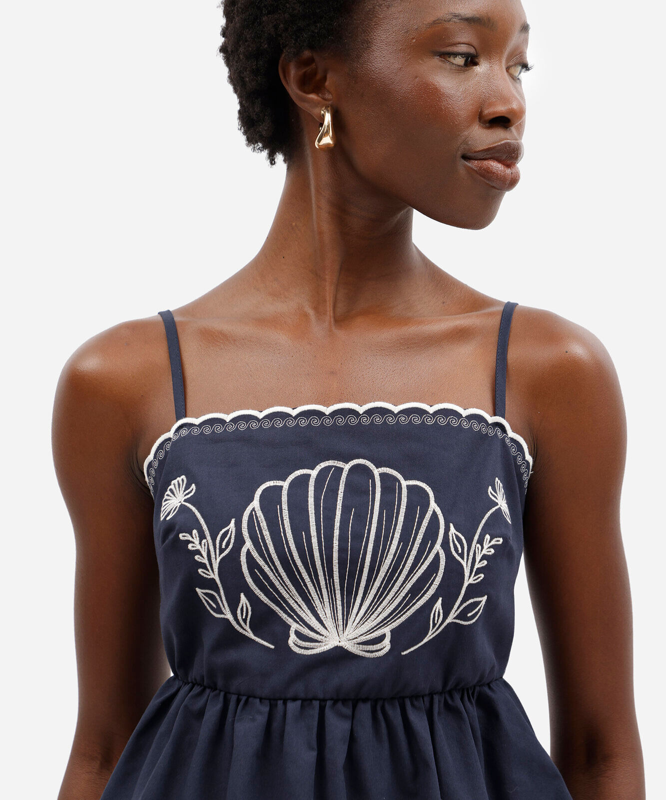 blusa peplum feminina de algodão alça fina bordada azul
