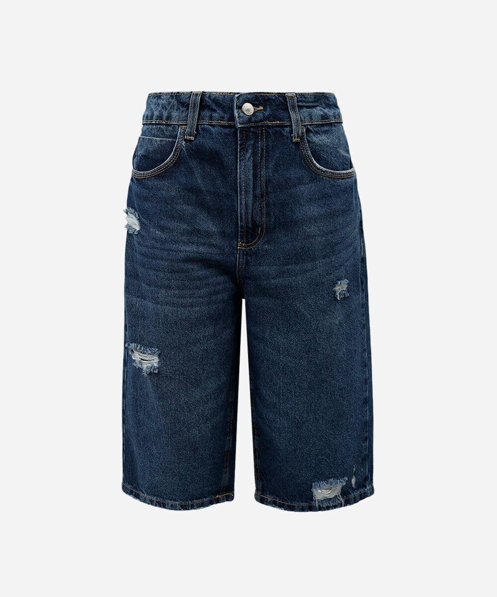bermuda jorts feminina jeans cintura alta destroyed azul