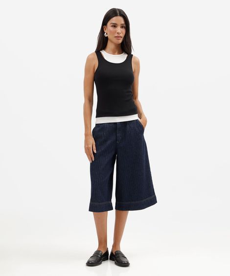 bermuda maxi jorts jeans cintura alta texturizada azul