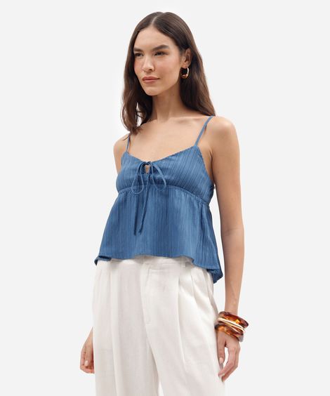blusa alça fina feminina com amarração texturizada azul