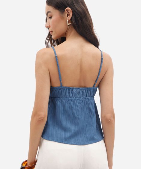 blusa alça fina feminina com amarração texturizada azul