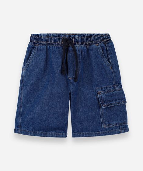 bermuda cargo infantil jeans cós elástico azul