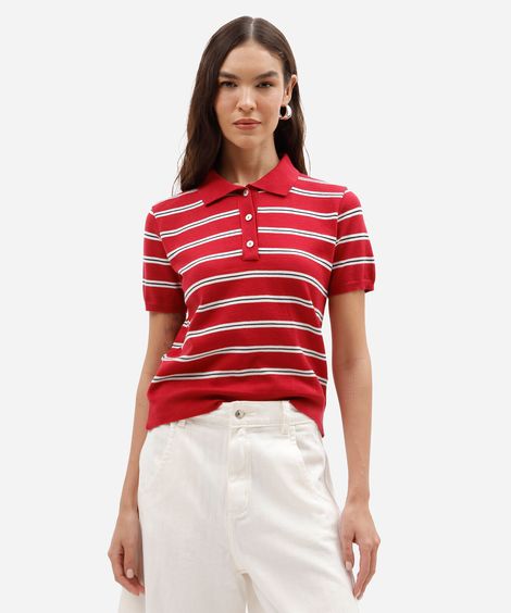 polo feminina de tricot manga curta listrada vermelha