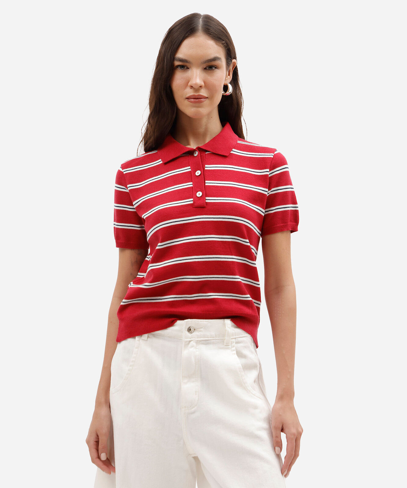polo feminina de tricot manga curta listrada vermelha