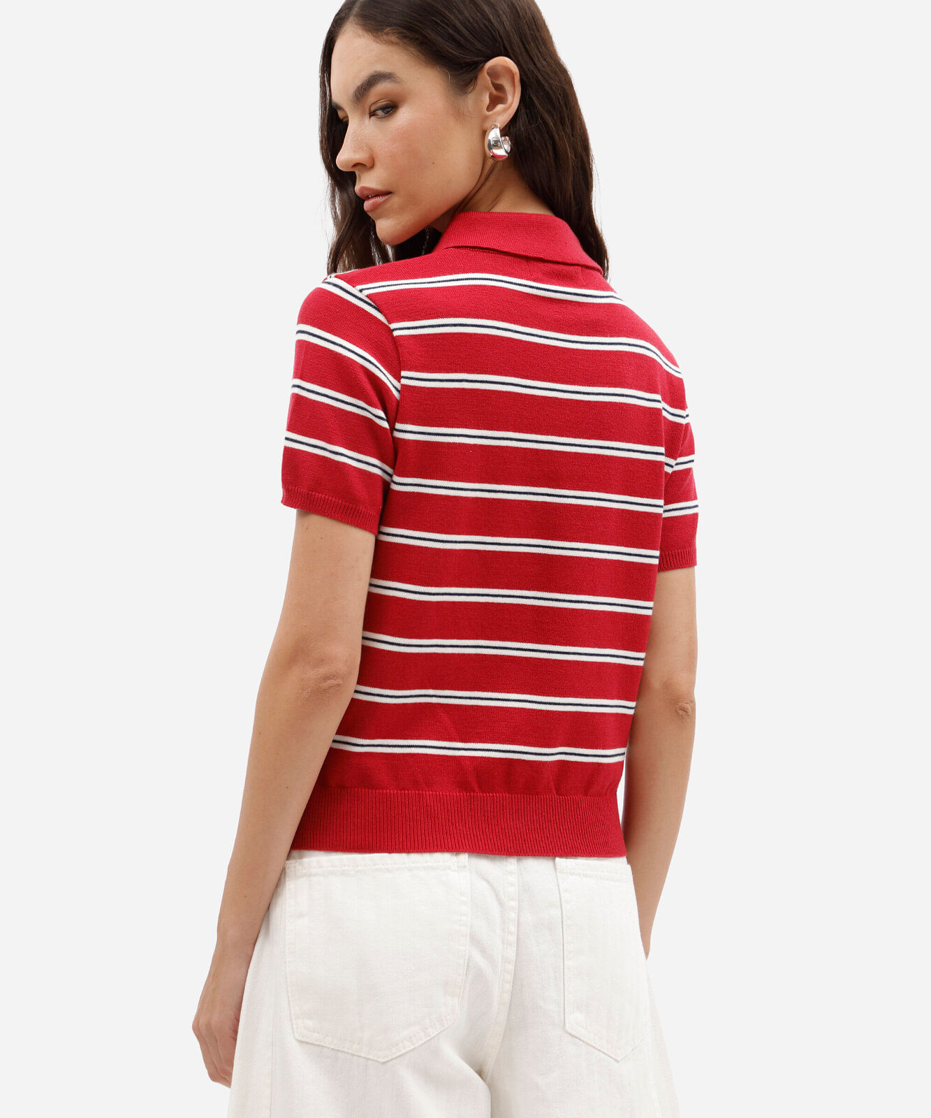 polo feminina de tricot manga curta listrada vermelha