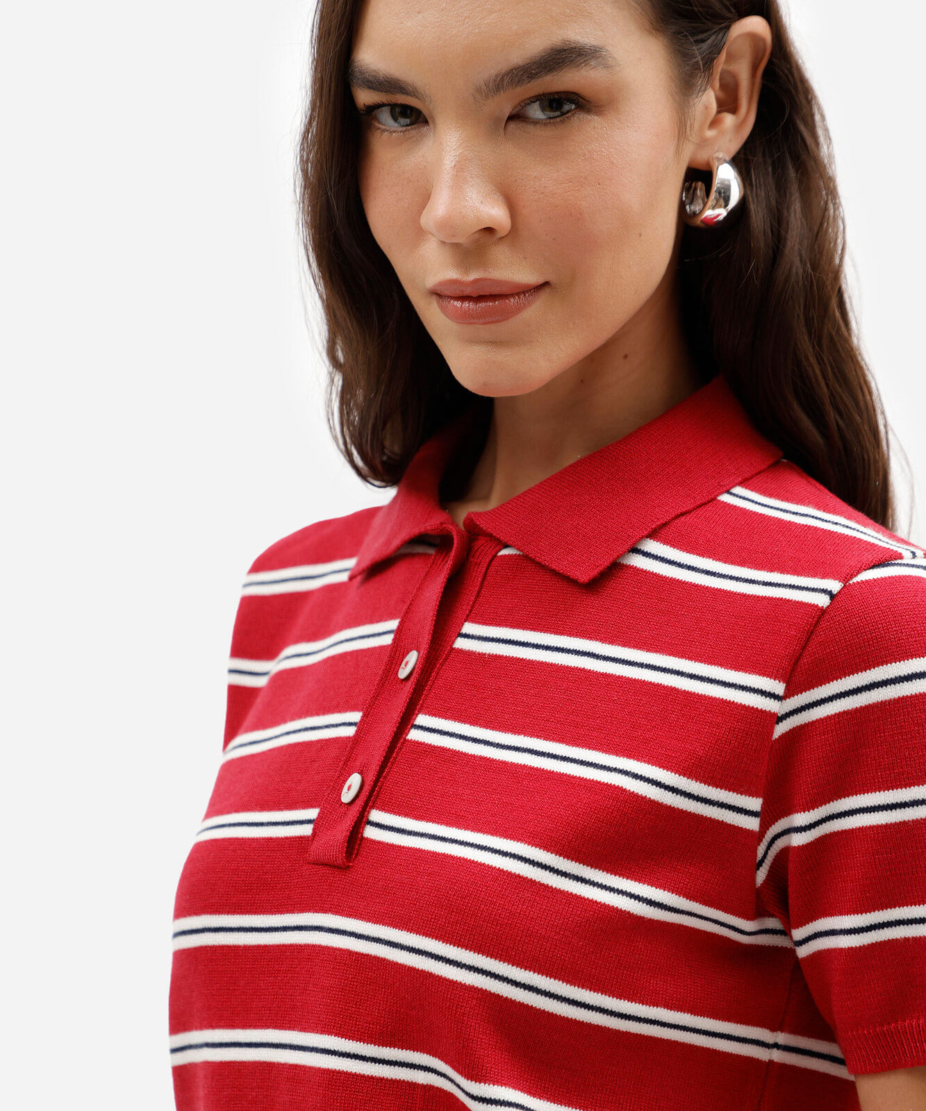 polo feminina de tricot manga curta listrada vermelha