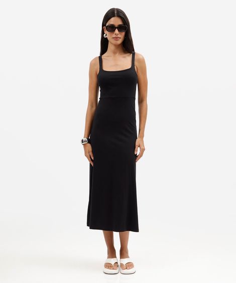 vestido midi feminino decote quadrado canelado básico preto