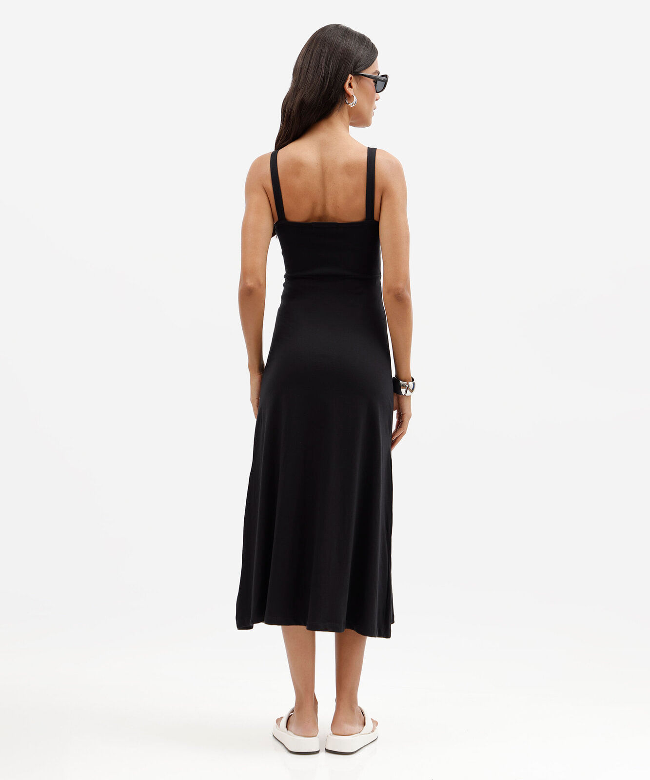 vestido midi feminino decote quadrado canelado básico preto