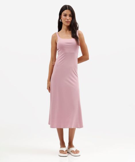 vestido midi feminino decote quadrado canelado básico rosa