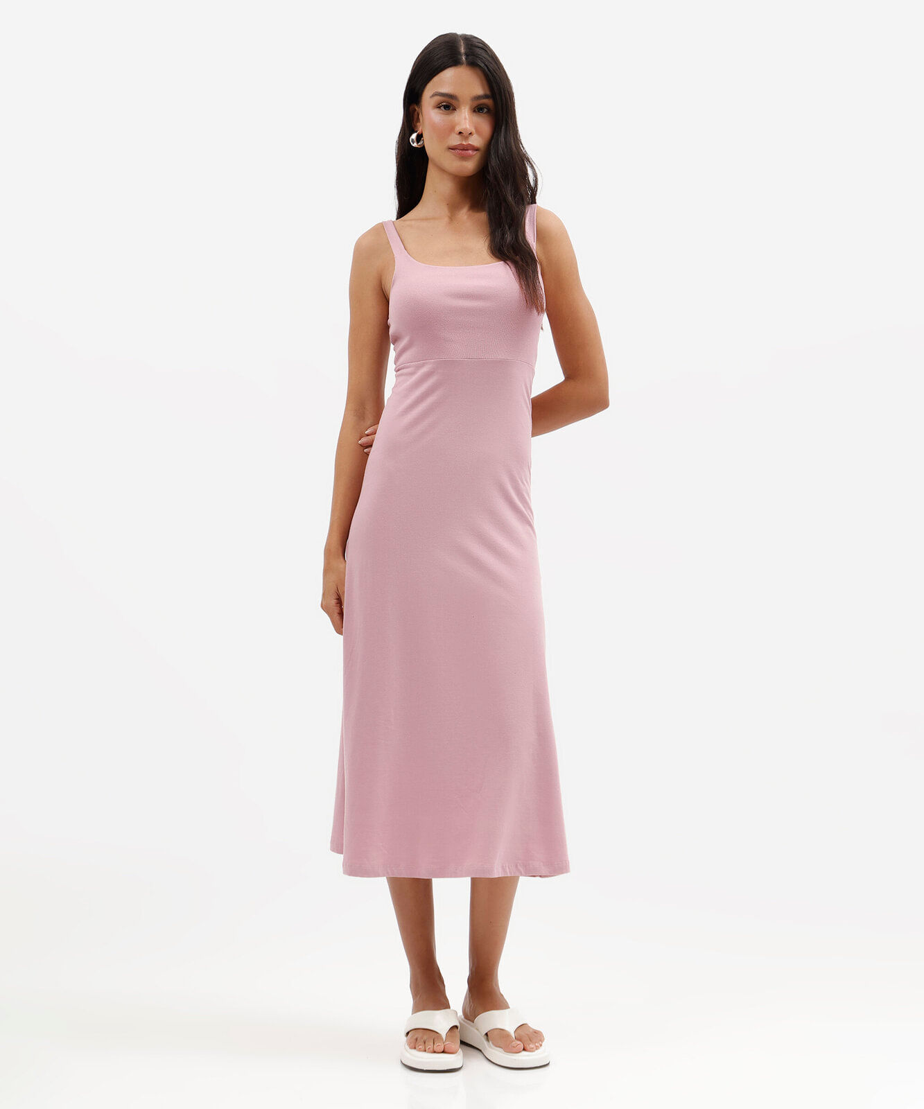 vestido midi feminino decote quadrado canelado básico rosa