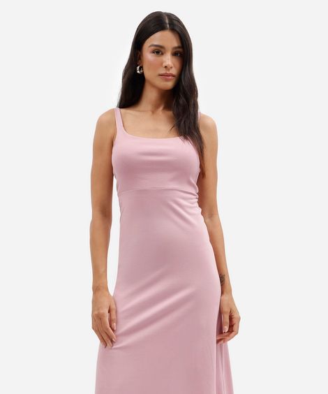 vestido midi feminino decote quadrado canelado básico rosa
