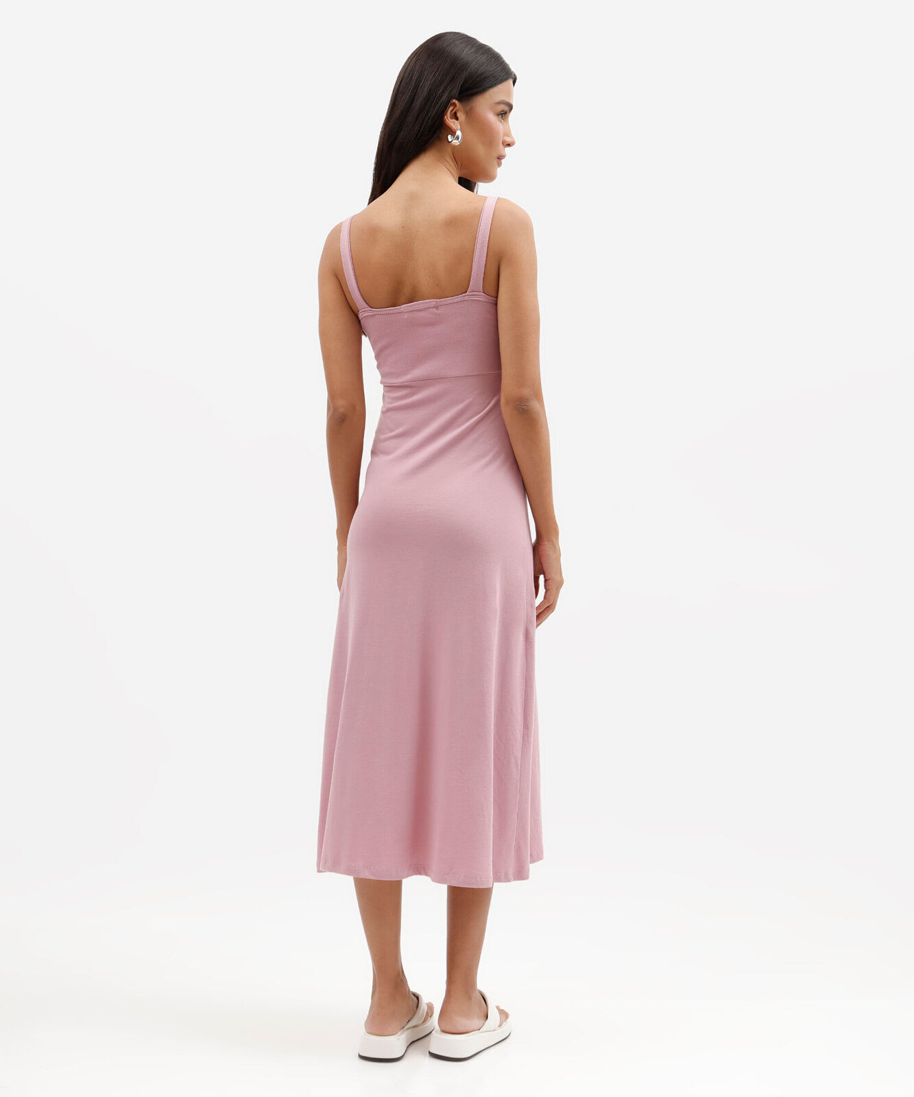 vestido midi feminino decote quadrado canelado básico rosa