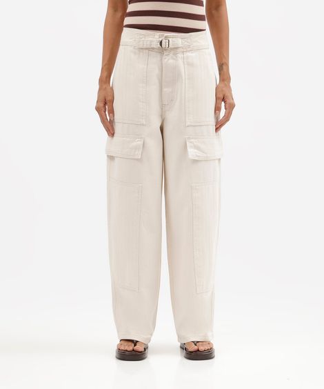 calça baggy cargo feminina de sarja cintura média off white