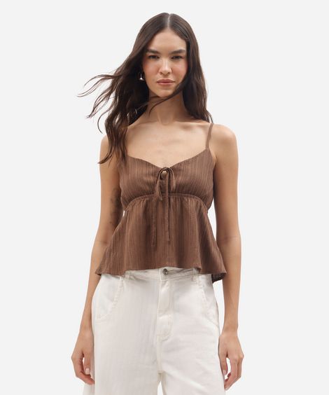 blusa alça fina feminina com amarração texturizada marrom
