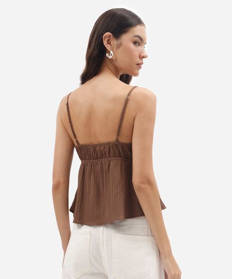 blusa alça fina feminina com amarração texturizada marrom