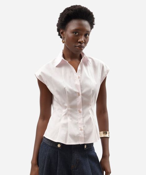 camisa feminina de algodão manga curta com pregas rosa